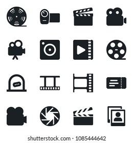 Set of vector isolated black icon - ticket vector, office, clapboard, film frame, reel, video camera, mobile, photo gallery