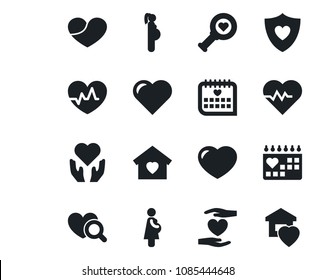 Set of vector isolated black icon - heart vector, pulse, diagnostic, shield, hand, medical calendar, pregnancy, sweet home