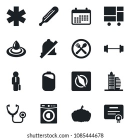 Set of vector isolated black icon - pumpkin vector, stethoscope, thermometer, ambulance star, barbell, consolidated cargo, mute, compass, battery, manager, office building, washer, cafe, water