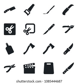 Set of vector isolated black icon - pruner vector, saw, garden knife, axe, scalpel, clapboard, cut, cutting board