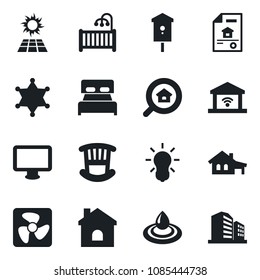 Set of vector isolated black icon - house vector, bird, monitor, with garage, estate document, search, bedroom, children room, fan, water, bulb, gate control, police, sun panel, office building