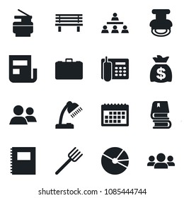 Set of vector isolated black icon - case vector, money bag, farm fork, bench, group, calendar, copybook, pie graph, news, office phone, desk lamp, copier, hierarchy, stamp, book