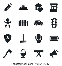 Set of vector isolated black icon - baby vector, rake, well, axe, picnic table, syringe, traffic light, microphone, protect, battery, fence, sweet home, reception, egg stand, car, advertising