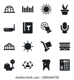 Set of vector isolated black icon - sun vector, luggage scales, seedling, greenhouse, caries, railroad, cargo, barcode, microphone, touch screen, hr, wine card, router, combination lock