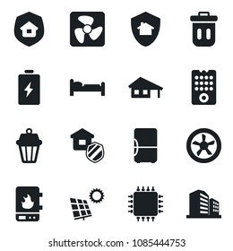 Set of vector isolated black icon - bed vector, house with garage, sun panel, estate insurance, chip, fan, remote control, water heater, outdoor lamp, home protect, trash bin, fridge, battery
