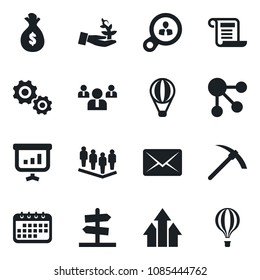 Set of vector isolated black icon - team vector, consumer search, arrow up graph, gear, palm sproute, money bag, calendar, social media, mail, presentation, contract, guidepost, hard work