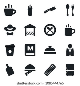Set of vector isolated black icon - hot cup vector, spoon and fork, coffee, waiter, menu, reception, bacon, candle, dress code, alcove, cutting board, knife, fridge
