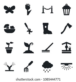 Set of vector isolated black icon - fence vector, garden fork, rake, seedling, sproute, boot, butterfly, rain, well, axe, light, ripper, tulip, salad, irrigation, sprinkler