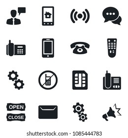 Set of vector isolated black icon - no mobile vector, phone, speaking man, office, remote control, dialog, radio, sim, mail, open close, wireless, home app, gear, advertising