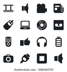 Set of vector isolated black icon - film frame vector, vinyl, camera, news, speaker, video, remote control, headphones, laptop pc, finger up, battery, stop button, rca, hdmi, record, sound