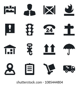 Set of vector isolated black icon - signpost vector, navigation, important flag, traffic light, 24 hours, client, container, clipboard, cargo, umbrella, up side sign, no hook, warehouse, flammable