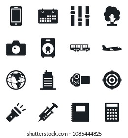 Set of vector isolated black icon - airport bus vector, camera, plane, mobile phone, tree, syringe, settings, video, speaker, torch, calendar, copybook, target, city house, earth, calculator