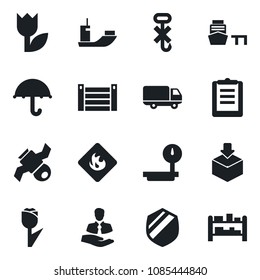 Set of vector isolated black icon - satellite vector, client, sea shipping, car delivery, port, container, clipboard, umbrella, no hook, tulip, package, shield, flammable, heavy scales, rack