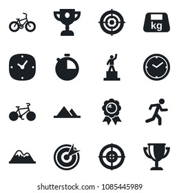 Set of vector isolated black icon - pedestal vector, medal, bike, run, heavy, clock, stopwatch, target, mountains, award cup
