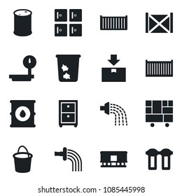 Set of vector isolated black icon - trash bin vector, checkroom, bucket, watering, cargo container, consolidated, package, oil barrel, heavy scales, railroad, archive box, water filter