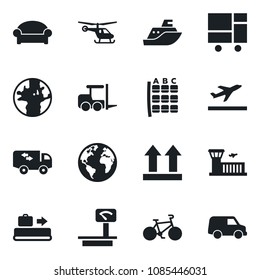 Set of vector isolated black icon - departure vector, baggage conveyor, waiting area, fork loader, helicopter, seat map, airport building, bike, earth, sea shipping, consolidated cargo, up side sign