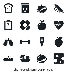 Set of vector isolated black icon - plant label vector, seeds, heart pulse, patch, barbell, lungs, clipboard, diet, salad, bread, rolling pin, apple fruit, cheese