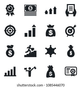 Set of vector isolated black icon - dispatcher vector, growth statistic, medal, money bag, document, bar graph, target, career ladder, police, arrow up, cash, certificate