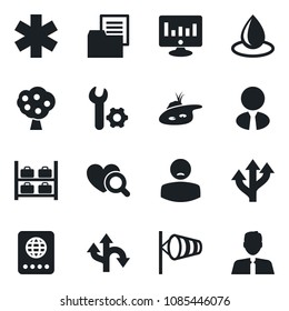 Set of vector isolated black icon - passport vector, wind, luggage storage, statistic monitor, water drop, heart diagnostic, ambulance star, patient, route, folder document, root setup, pond
