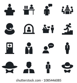 Set of vector isolated black icon - passport control vector, reception, medical room, manager, speaking man, support, speaker, desk, meeting, career ladder, estate agent, waiter, dress code