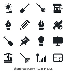 Set of vector isolated black icon - bulb vector, job, pencil, shovel, rake, well, satellite, brightness, cellular signal, presentation board, drawing pin, ink pen, plan