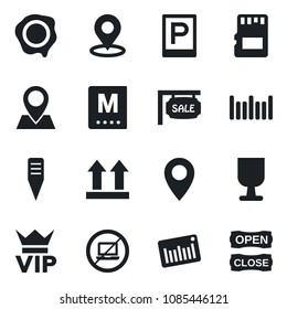Set of vector isolated black icon - parking vector, no laptop, vip, stamp, plant label, pin, fragile, up side sign, barcode, sd, place tag, sale, menu, open close