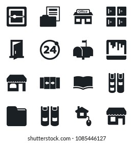 Set of vector isolated black icon - 24 around vector, automatic door, shop, checkroom, book, store, scanner, folder, document, mailbox, home control, storefront