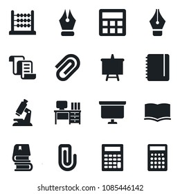 Set of vector isolated black icon - contract vector, book, desk, notepad, presentation board, microscope, calculator, paper clip, abacus, ink pen