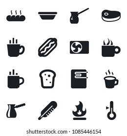 Set of vector isolated black icon - hot cup vector, fire, thermometer, coffee, air conditioner, bread, steak, dog, bowl, turkish, water heater