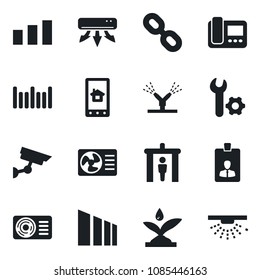 Set of vector isolated black icon - security gate vector, identity card, sorting, barcode, chain, root setup, air conditioner, irrigation, intercome, home control app, surveillance, sprinkler