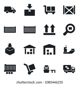 Set of vector isolated black icon - sea shipping vector, truck trailer, cargo container, car delivery, port, up side sign, warehouse, package, search, moving