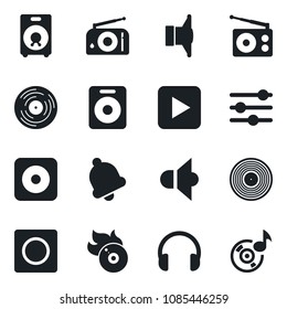Set of vector isolated black icon - vinyl vector, flame disk, radio, speaker, headphones, play button, rec, tuning, bell, record, music
