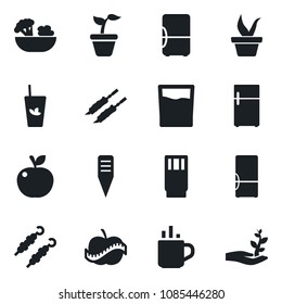 Set of vector isolated black icon - hot cup vector, seedling, plant label, diet, fridge, drink, phyto bar, salad, kebab, apple fruit, palm sproute