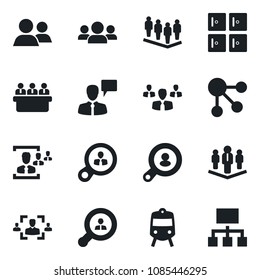 Set of vector isolated black icon - train vector, checkroom, speaking man, team, meeting, group, hr, company, client search, consumer, social media, hierarchy