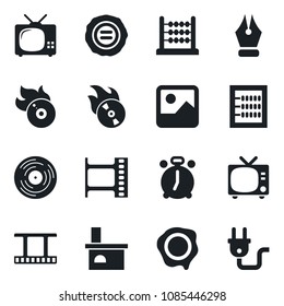 Set of vector isolated black icon - alarm clock vector, tv, stamp, fireplace, film frame, vinyl, flame disk, gallery, abacus, ink pen, power plug