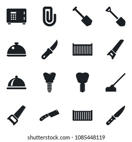 Set of vector isolated black icon - safe vector, job, saw, hoe, garden knife, implant, cargo container, paper clip, dish