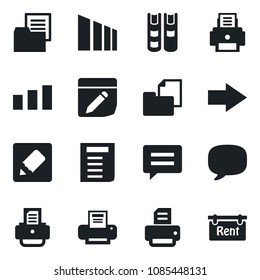 Set of vector isolated black icon - right arrow vector, document, printer, folder, sorting, message, notes, book, rent