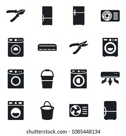 Set of vector isolated black icon - washer vector, bucket, pruner, air conditioner, fridge