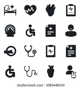Set of vector isolated black icon - heart pulse vector, diagnosis, stethoscope, tomography, hospital bed, disabled, real, clipboard, patient