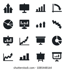 Set of vector isolated black icon - presentation board vector, crisis graph, statistic monitor, circle chart, bar, pie, arrow up, growth