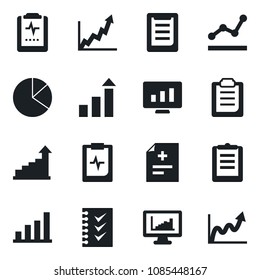 Set of vector isolated black icon - growth statistic vector, monitor, diagnosis, pulse clipboard, statistics, bar graph, pie, checklist, point