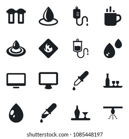 Set of vector isolated black icon - hot cup vector, water drop, dropper, flammable, monitor, alcohol, filter, sprinkler