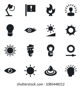 Set of vector isolated black icon - sun vector, bulb, fire, eye, important flag, brightness, desk lamp, water, energy saving, shining head