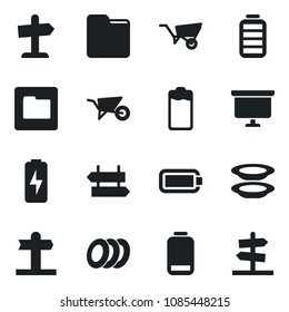 Set of vector isolated black icon - signpost vector, presentation board, wheelbarrow, battery, low, folder, charge, plates, guidepost