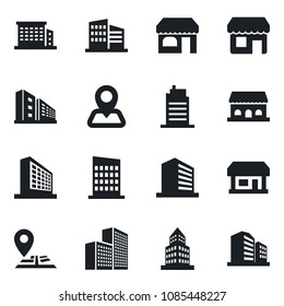 Set of vector isolated black icon - shop vector, office building, navigation, store, city house, cafe, storefront
