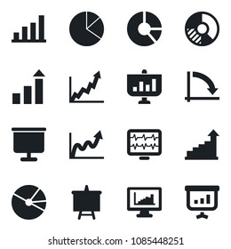 Set of vector isolated black icon - growth statistic vector, presentation board, crisis graph, circle chart, monitor pulse, statistics, bar, pie