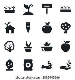 Set of vector isolated black icon - seedling vector, tree, sproute, plant label, fertilizer, fruit, salad, apple, eco house, palm