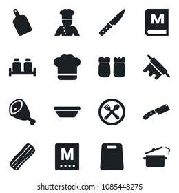 Set of vector isolated black icon - cook vector, cafe, hat, menu, bacon, salt and pepper, ham, bowl, rolling pin, cutting board, knife, steaming pan