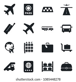 Set of vector isolated black icon - plane vector, runway, taxi, suitcase, baggage trolley, airport bus, passport, ladder car, seat map, luggage storage, globe, case