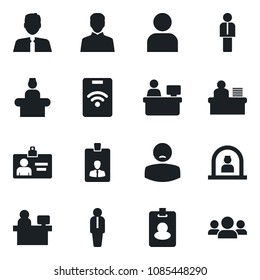 Set of vector isolated black icon - reception vector, manager, identity card, place, patient, user, desk, estate agent, pass, group